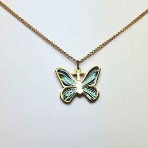 Blue and green butterfly necklace